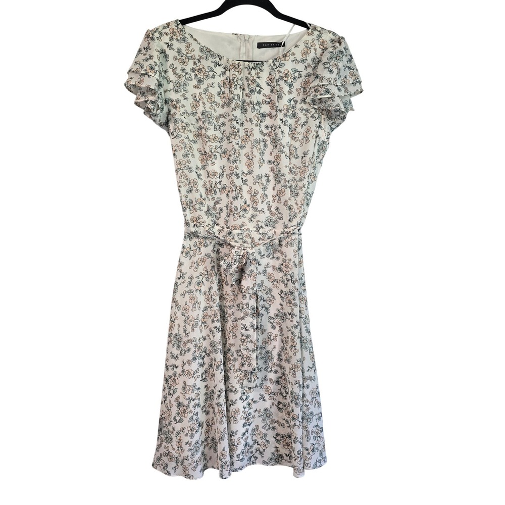 🆕️ NWT Suzy Shier Womens Floral Ruffle Sleeve A-Line Dress White Blue Peach MED